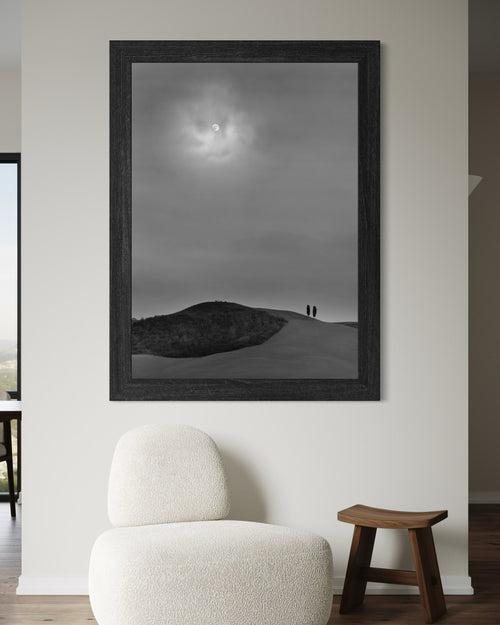 The Moonlight – Two cypress trees on a lonely Tuscan hill under the pale light of the moon – photograph by Duccio Nacci