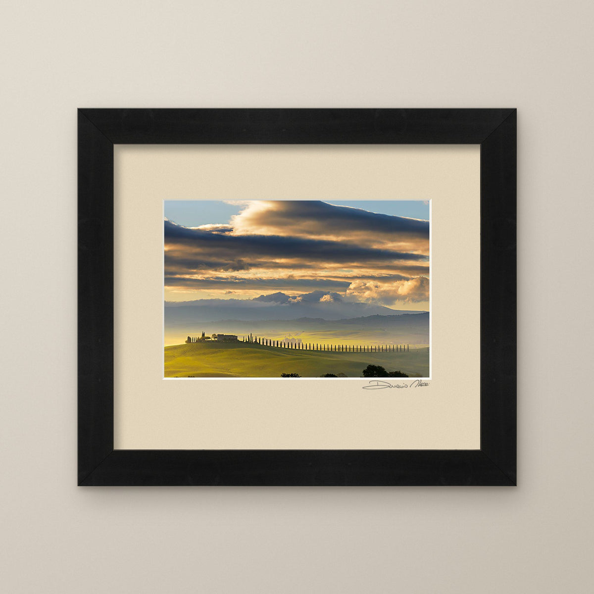 Dawn in Val d’Orcia – fine art print by Duccio Nacci, size M, with black frame and white mat