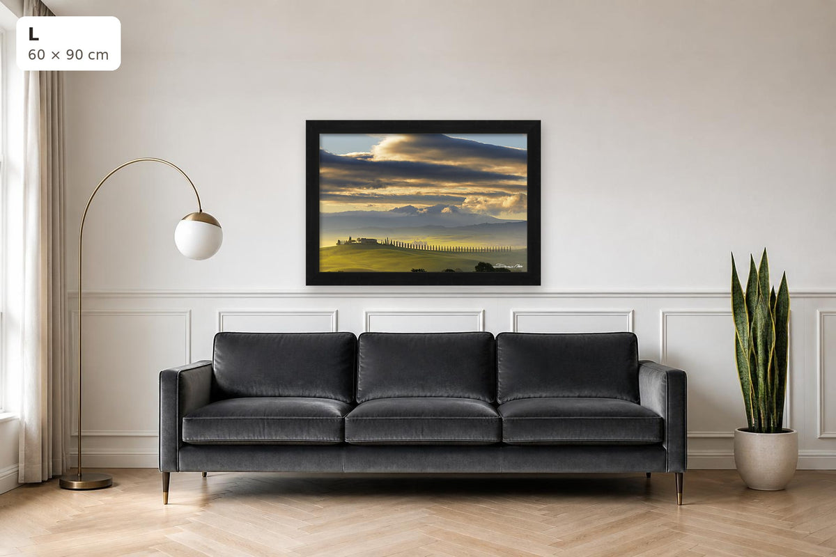 Dawn in Val d’Orcia – fine art print by Duccio Nacci, size L shown above a sofa
