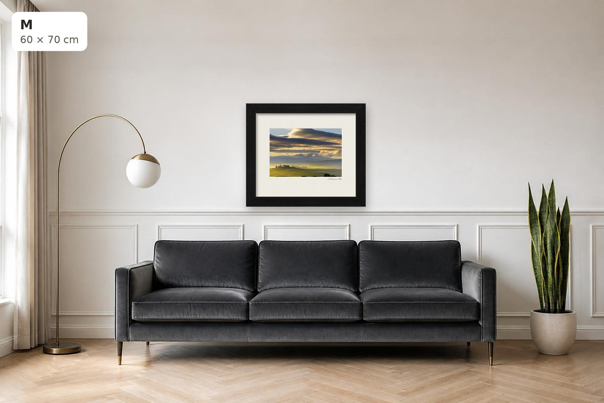Dawn in Val d’Orcia – fine art print by Duccio Nacci, size M shown above a sofa