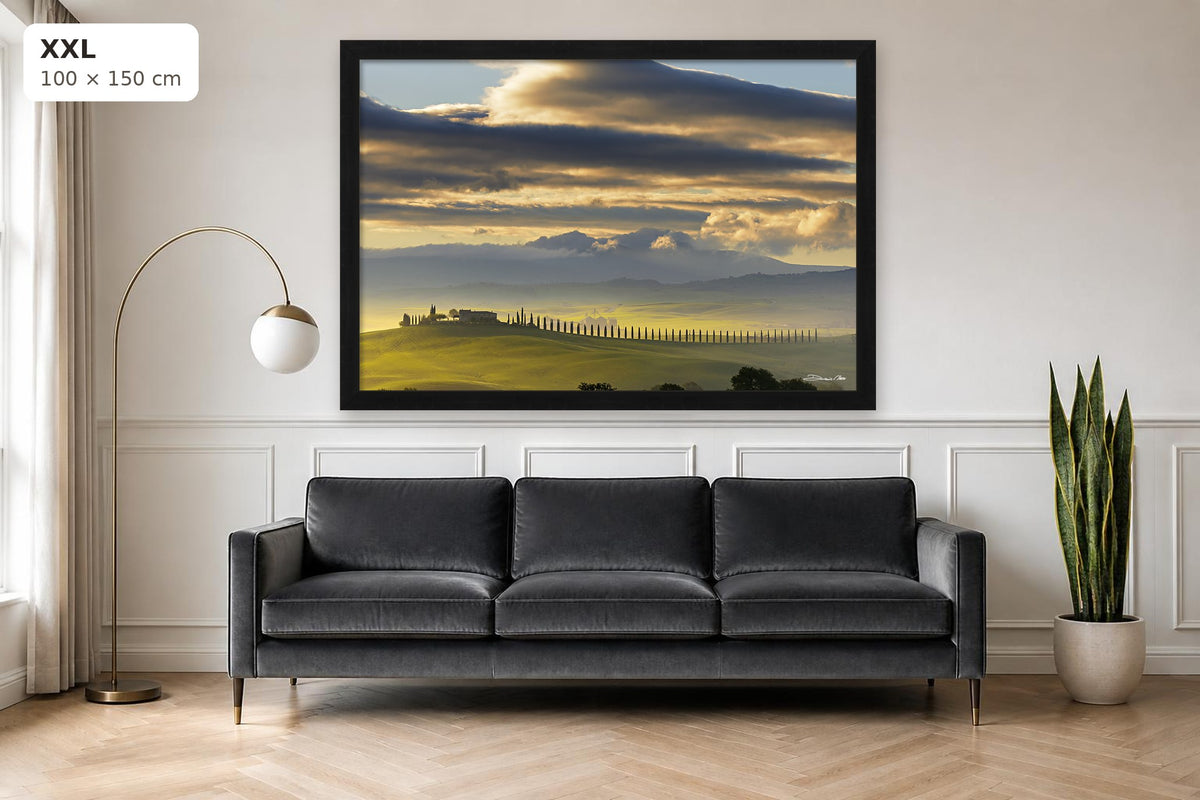 Dawn in Val d’Orcia – fine art print by Duccio Nacci, size XXL shown above a sofa