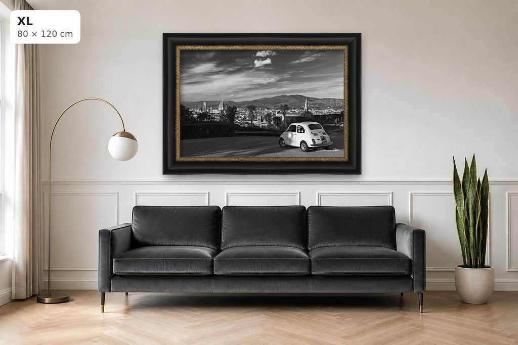 Florentine Dream – fine art print by Duccio Nacci, size XL with black and gold frame shown above a sofa