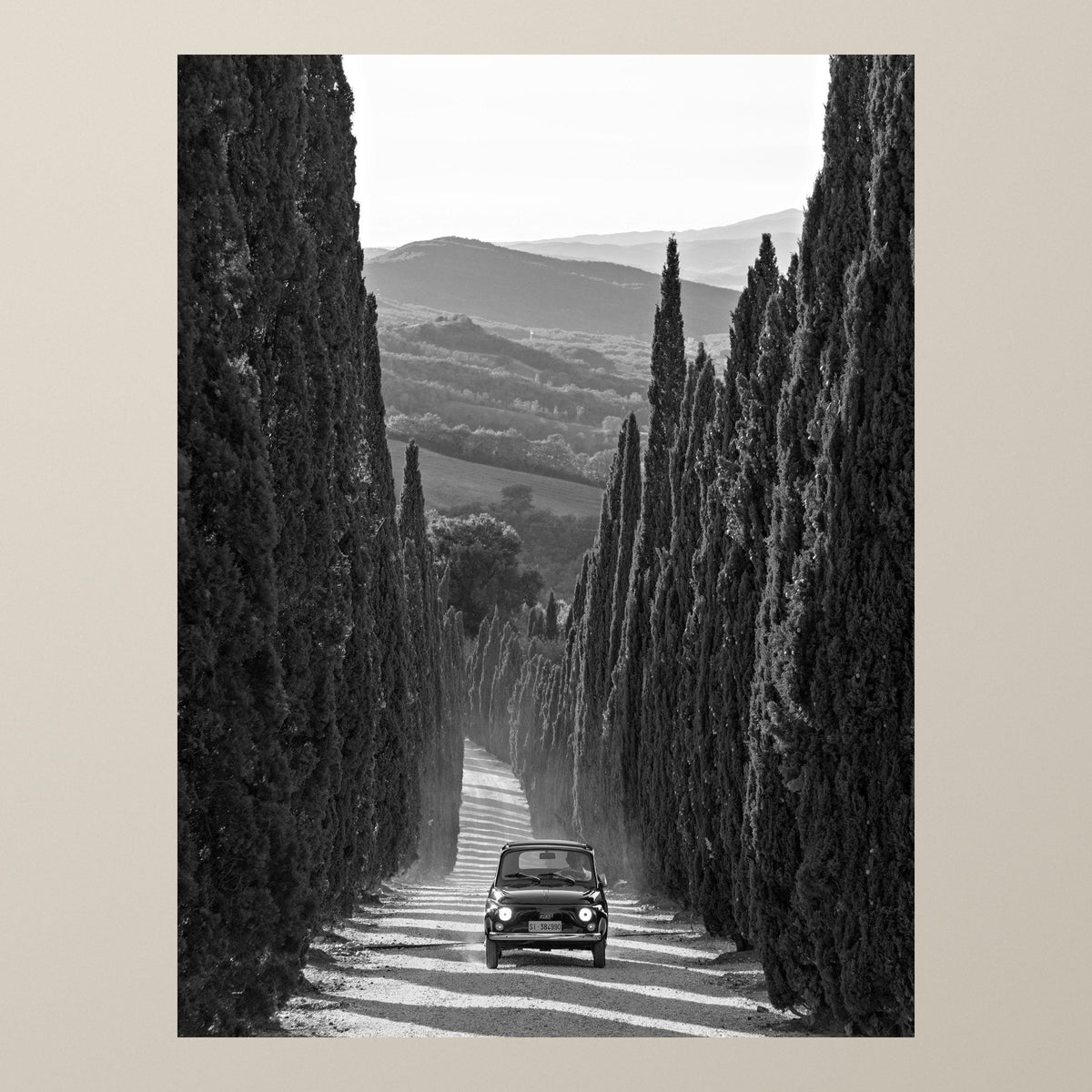 La Dolce Vita – A Fiat 500 drives down a tall cypress avenue toward the Tuscan hills – photograph by Duccio Nacci