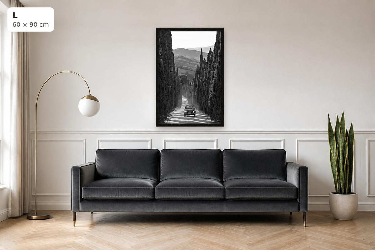 La Dolce Vita – fine art print by Duccio Nacci, size L with thin black frame shown above a sofa