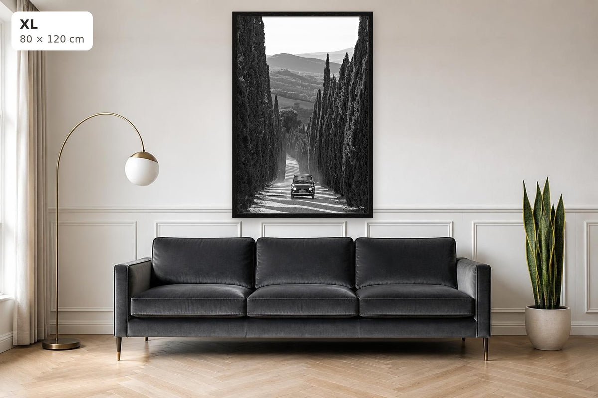 La Dolce Vita – fine art print by Duccio Nacci, size XL with thin black frame shown above a sofa