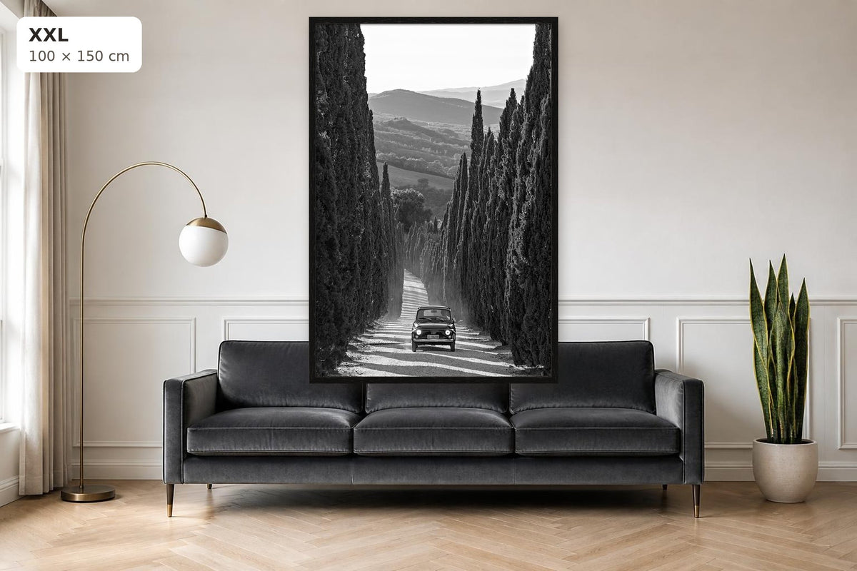 La Dolce Vita – fine art print by Duccio Nacci, size XXL with thin black frame shown above a sofa