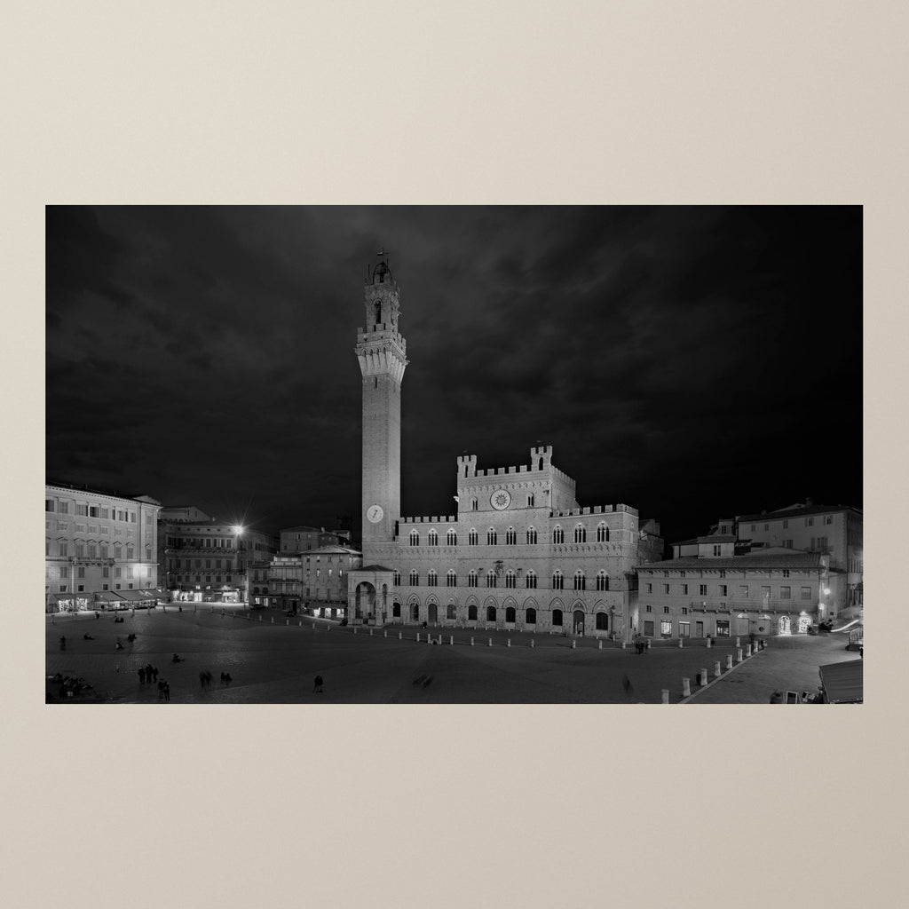 Piazza del Campo - Siena – Piazza del Campo in Siena at night, with the Torre del Mangia rising above – photograph by Duccio Nacci
