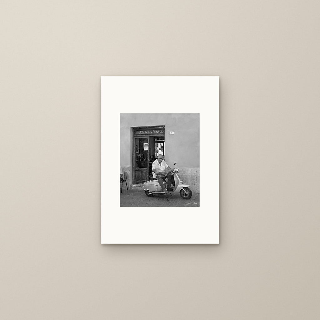 The Barber on the Vespa – fine art print by Duccio Nacci, size S, print only on A3 paper (29.7 × 42 cm)