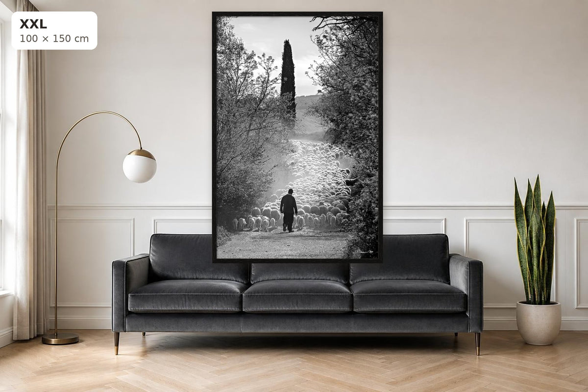 The Flock's Way – fine art print by Duccio Nacci, size XXL with thin black frame shown above a sofa
