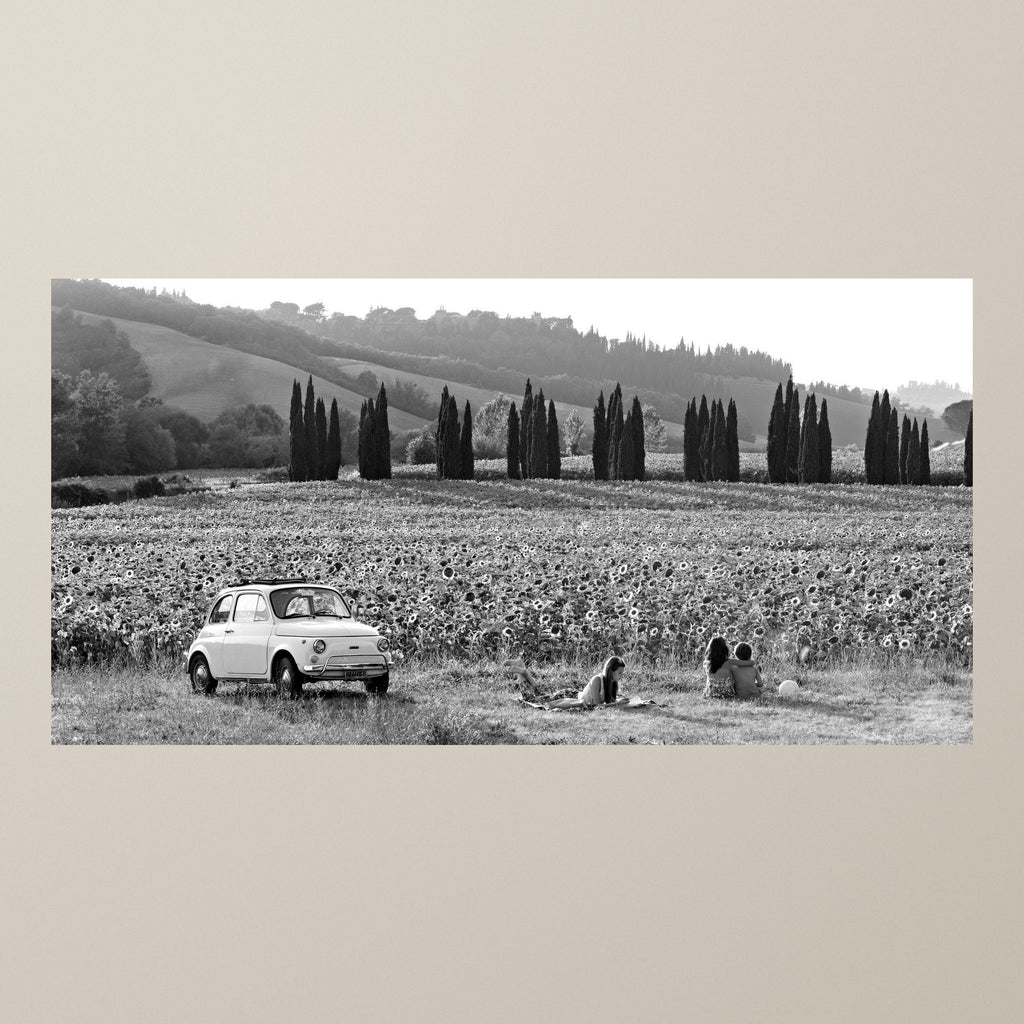 The Road of Sunflowers – Cypresses border a sunflower field in Tuscany, a Fiat 500 parked at its edge – photograph by Duccio Nacci