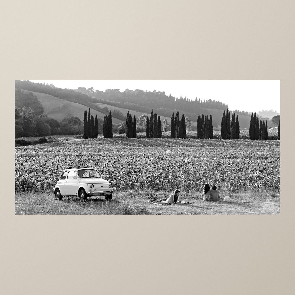 The Road of Sunflowers – Cypresses border a sunflower field in Tuscany, a Fiat 500 parked at its edge – photograph by Duccio Nacci