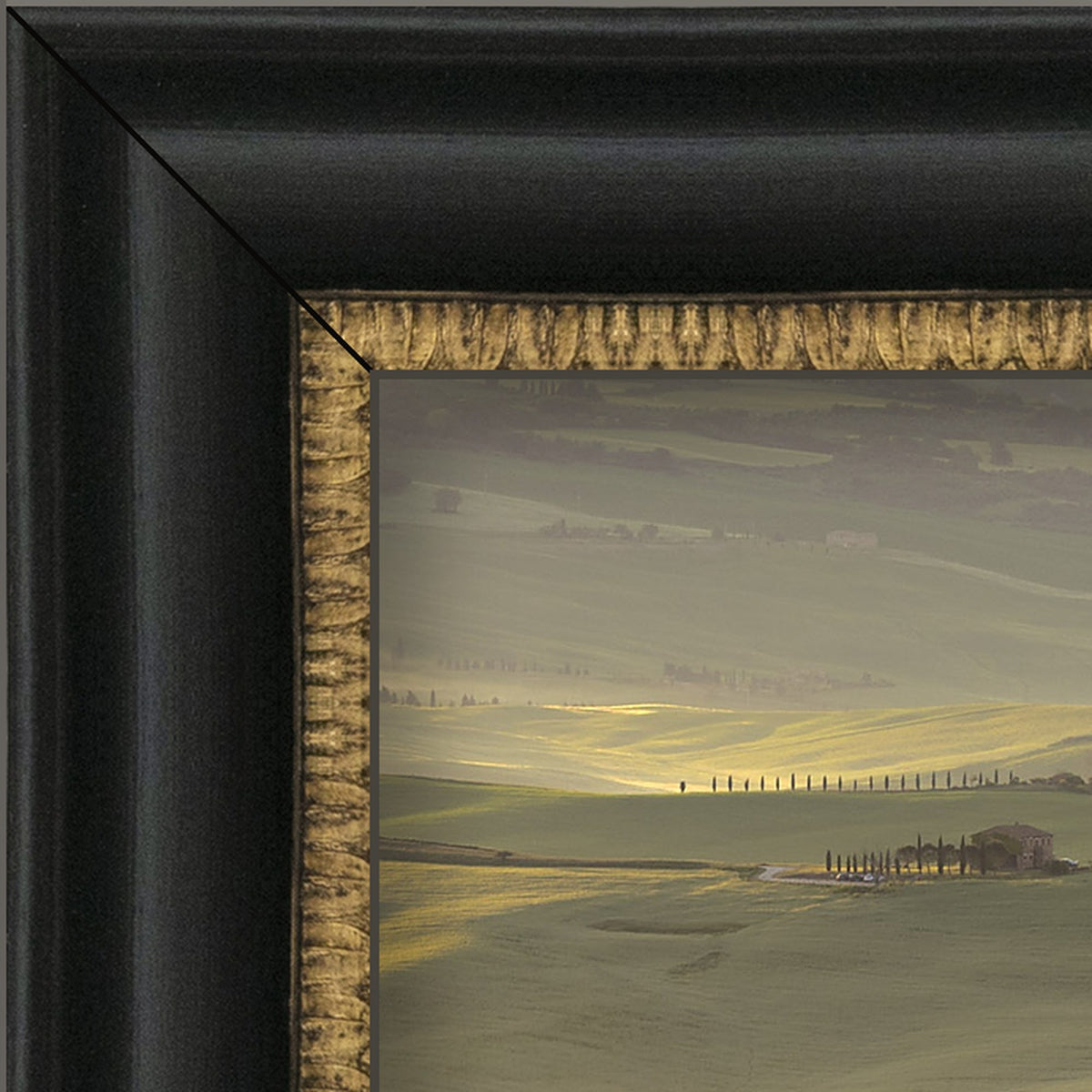 The Suspended Landscape – fine art print by Duccio Nacci, frame corner detail, black and gold frame