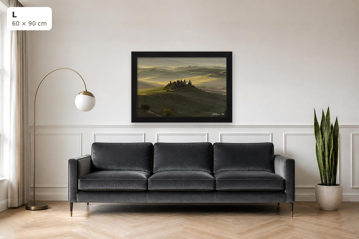 The Suspended Landscape – fine art print by Duccio Nacci, size L shown above a sofa