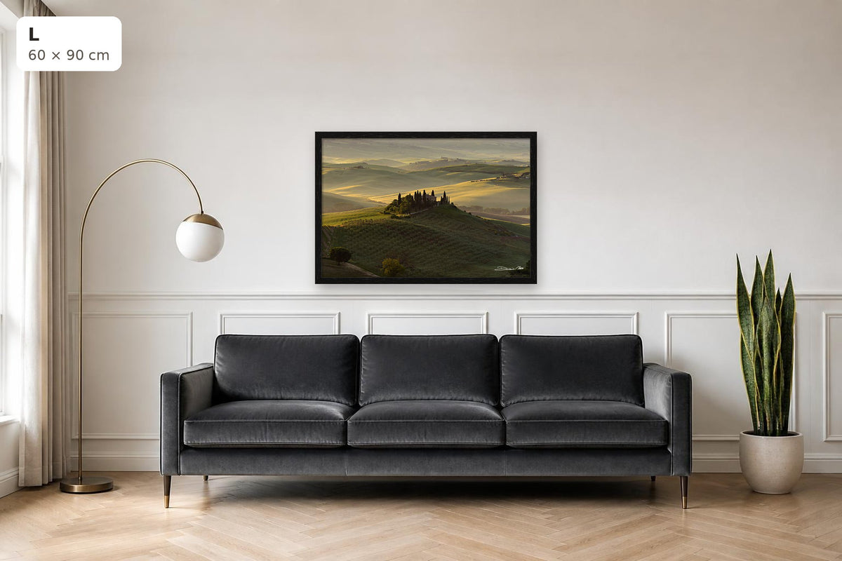 The Suspended Landscape – fine art print by Duccio Nacci, size L with thin black frame shown above a sofa