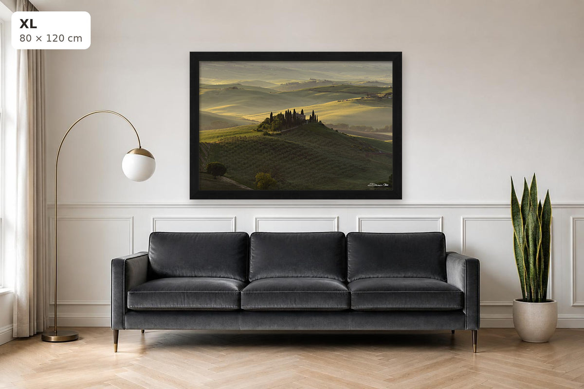 The Suspended Landscape – fine art print by Duccio Nacci, size XL shown above a sofa