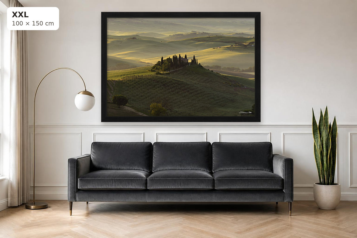 The Suspended Landscape – fine art print by Duccio Nacci, size XXL shown above a sofa