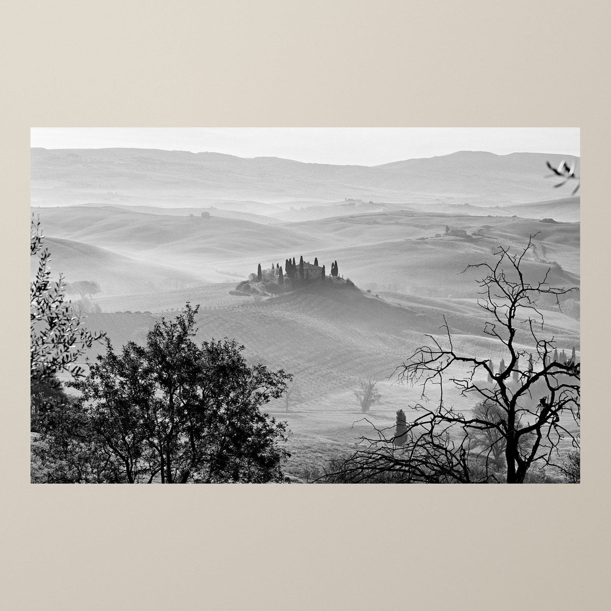 The Villa in the Mist – Mist softening the Tuscan hills, dark trees and distant shapes fading away – photograph by Duccio Nacci