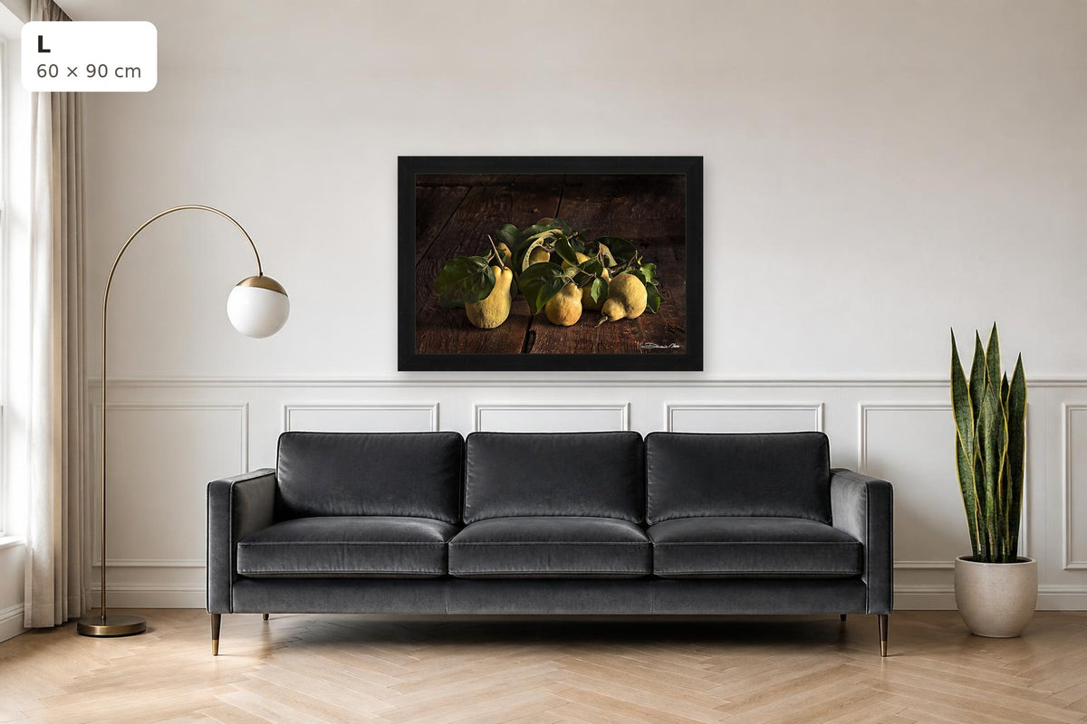 Time of the Quince – fine art print by Duccio Nacci, size L shown above a sofa