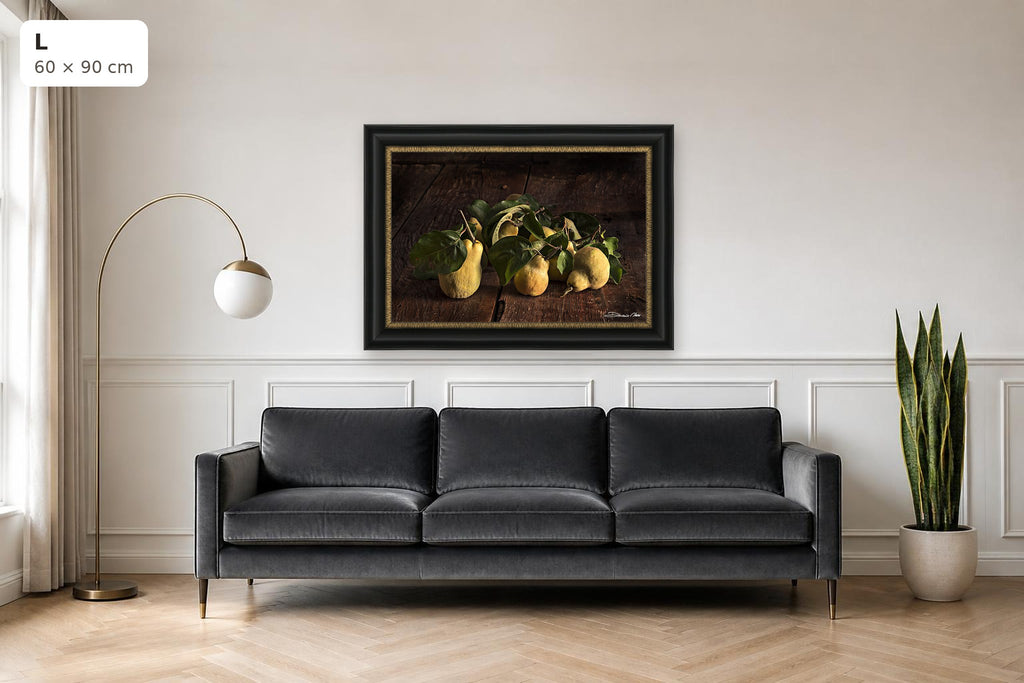 Time of the Quince – fine art print by Duccio Nacci, size L with black and gold frame shown above a sofa