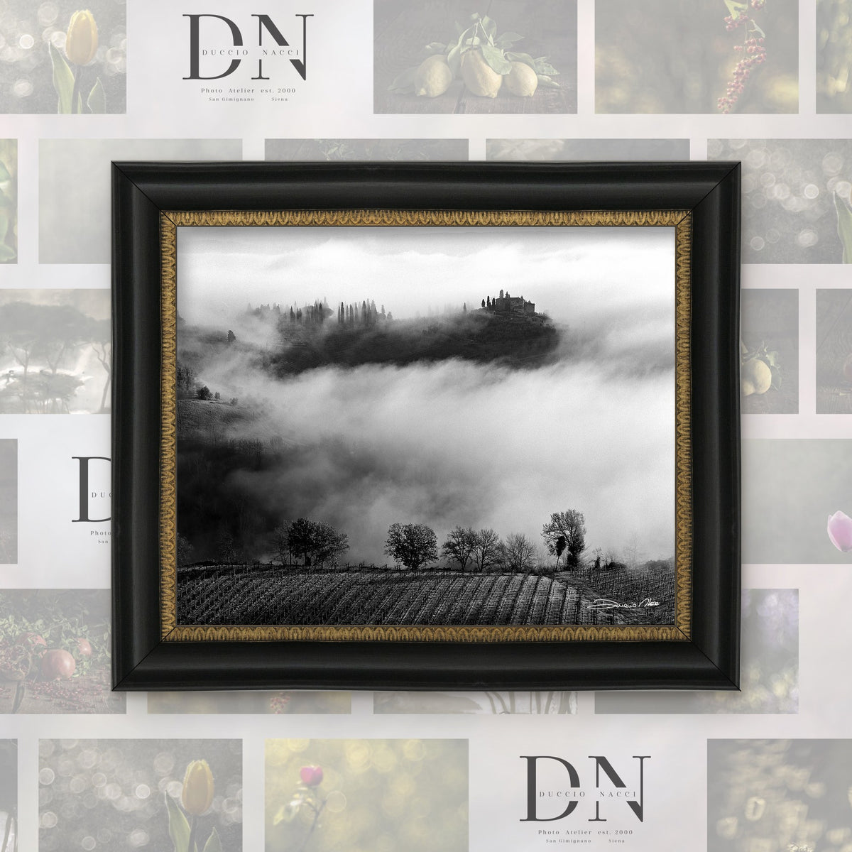 Whispers in the Mist – fine art print by Duccio Nacci, size L/XL/XXL, with black and gold frame