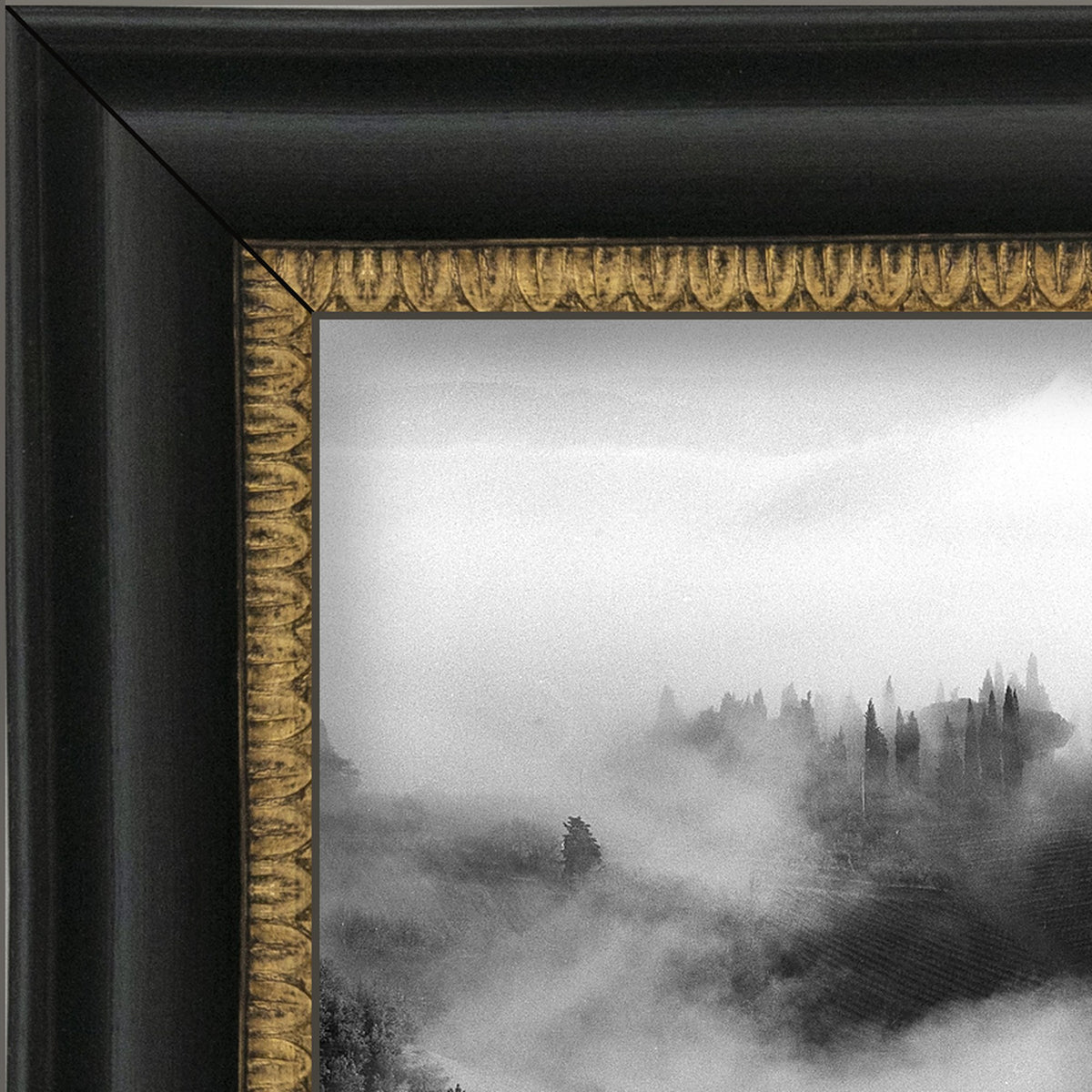Whispers in the Mist – fine art print by Duccio Nacci, frame corner detail, black and gold frame