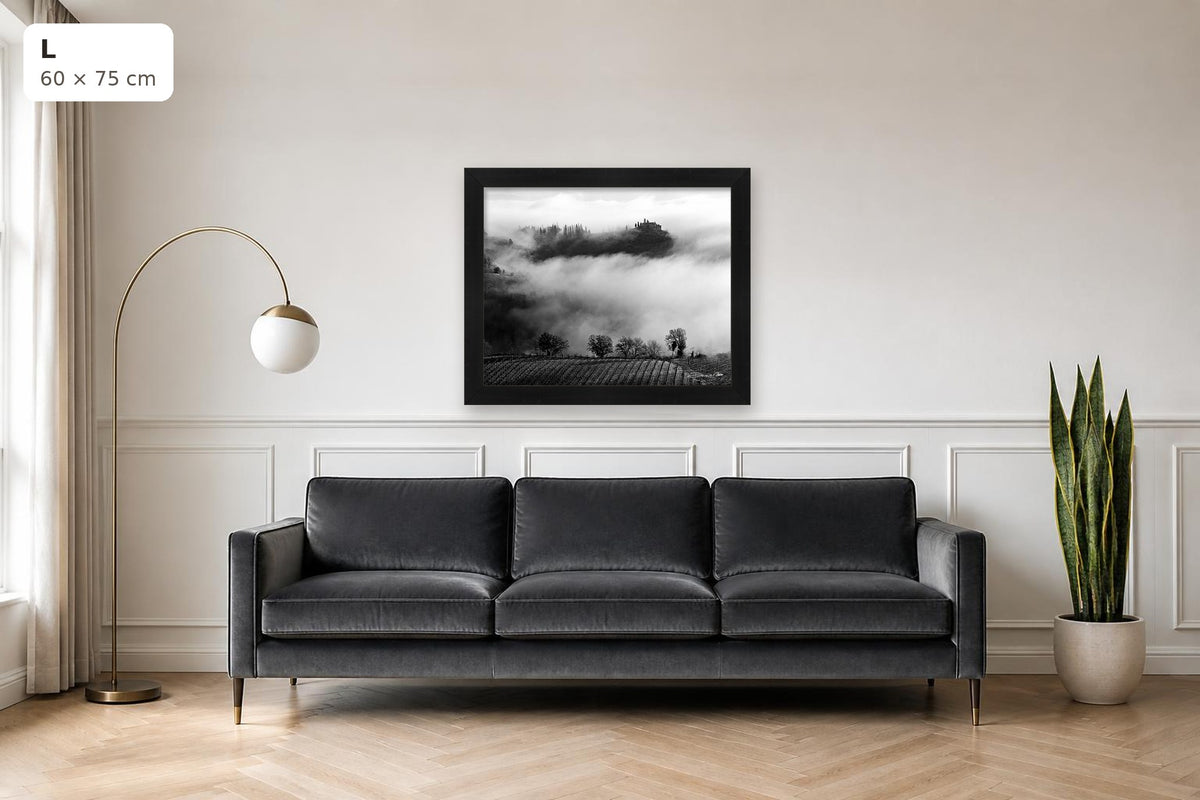 Whispers in the Mist – fine art print by Duccio Nacci, size L shown above a sofa