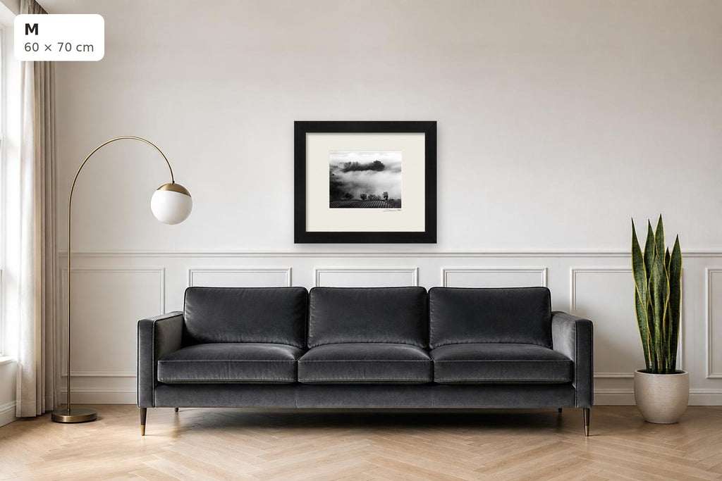 Whispers in the Mist – fine art print by Duccio Nacci, size M shown above a sofa