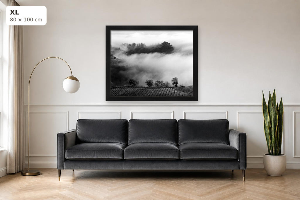 Whispers in the Mist – fine art print by Duccio Nacci, size XL shown above a sofa