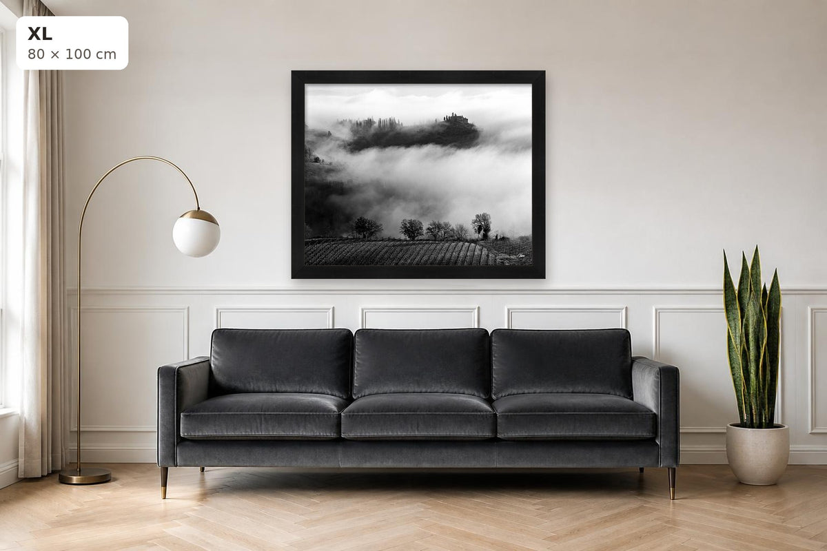 Whispers in the Mist – fine art print by Duccio Nacci, size XL shown above a sofa