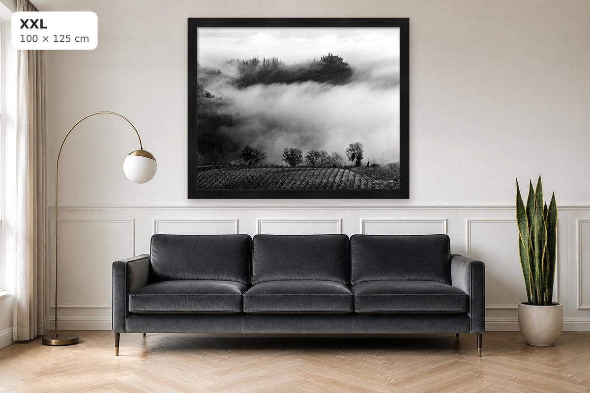 Whispers in the Mist – fine art print by Duccio Nacci, size XXL shown above a sofa